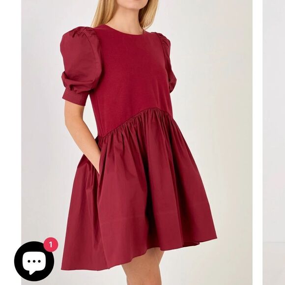 NWT English Factory Puff Sleeve High Low Knit Combo Dress size S - Picture 2 of 16